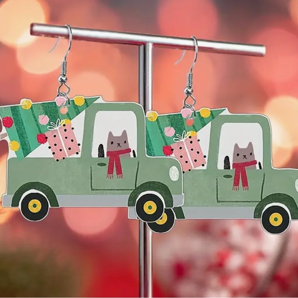 Holiday Green Truck with Christmas Tree  Earrings Kitty Cat Driver - Picture 3 of 5
